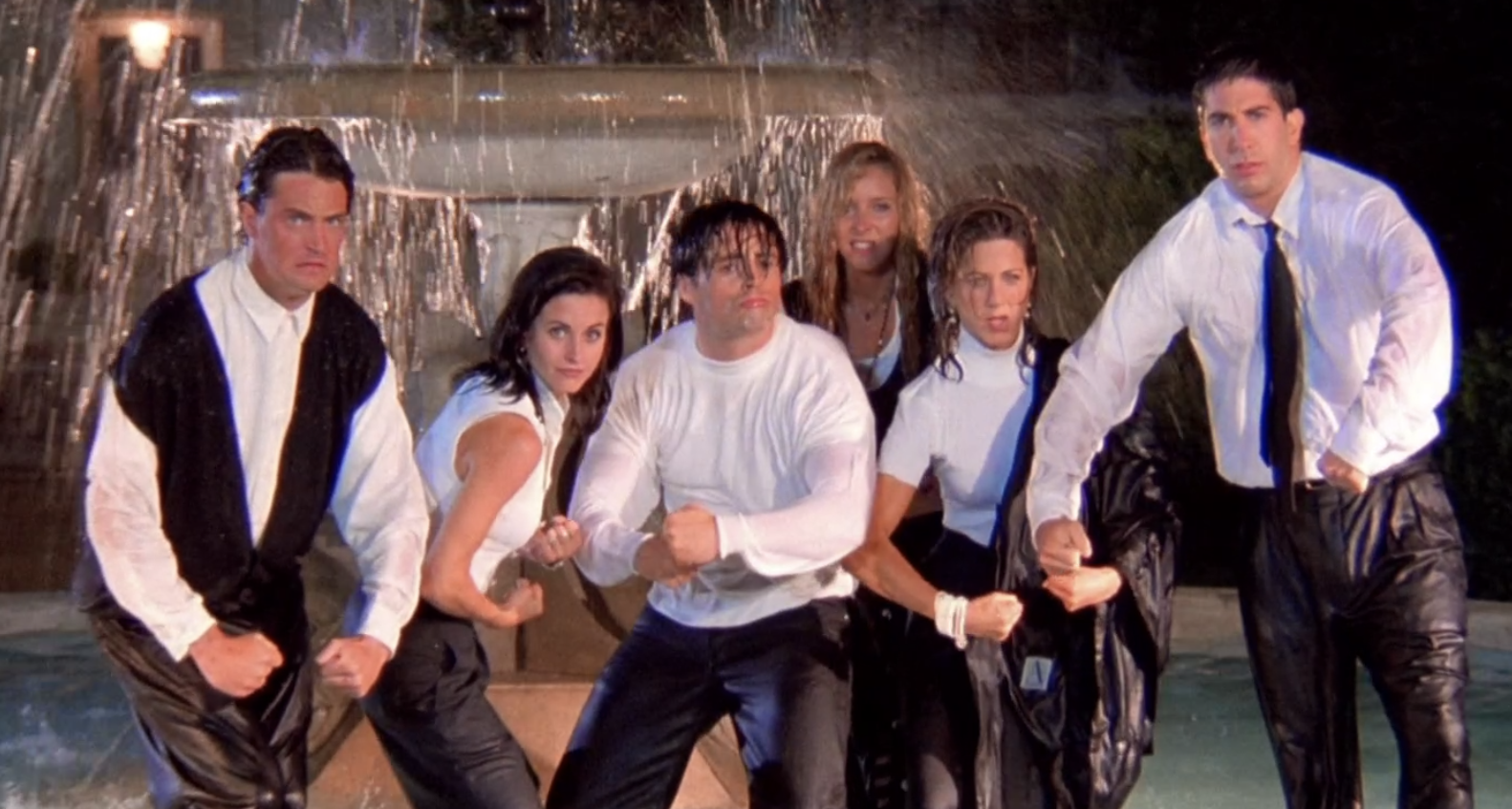the intro scene to friends where all six stand, flexing in the water fountain